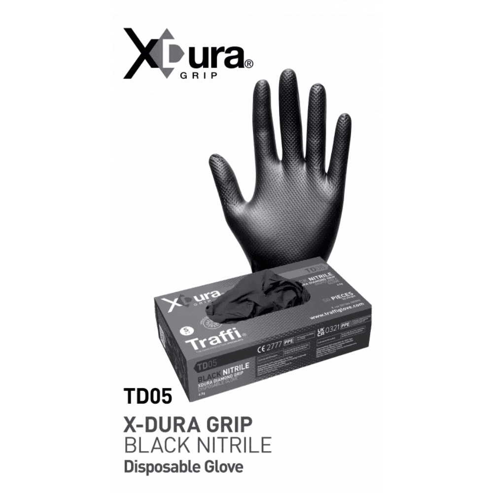 TD05 X-DURA GRIP Siyah Nitril Tek Kullanımlık Eldiven 50'li kutu