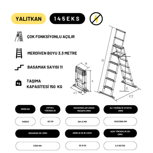 3.3m Kevlar Yalıtkan Çok Fonksiyonlu Merdiven 20ACKV – 145EKS - Görsel 3