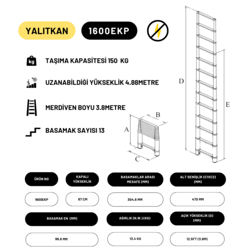 3.8m Kevlar Yalıtkan Uzatma Teleskopik Merdiven AC25KV - 1600EKP - Görsel 3