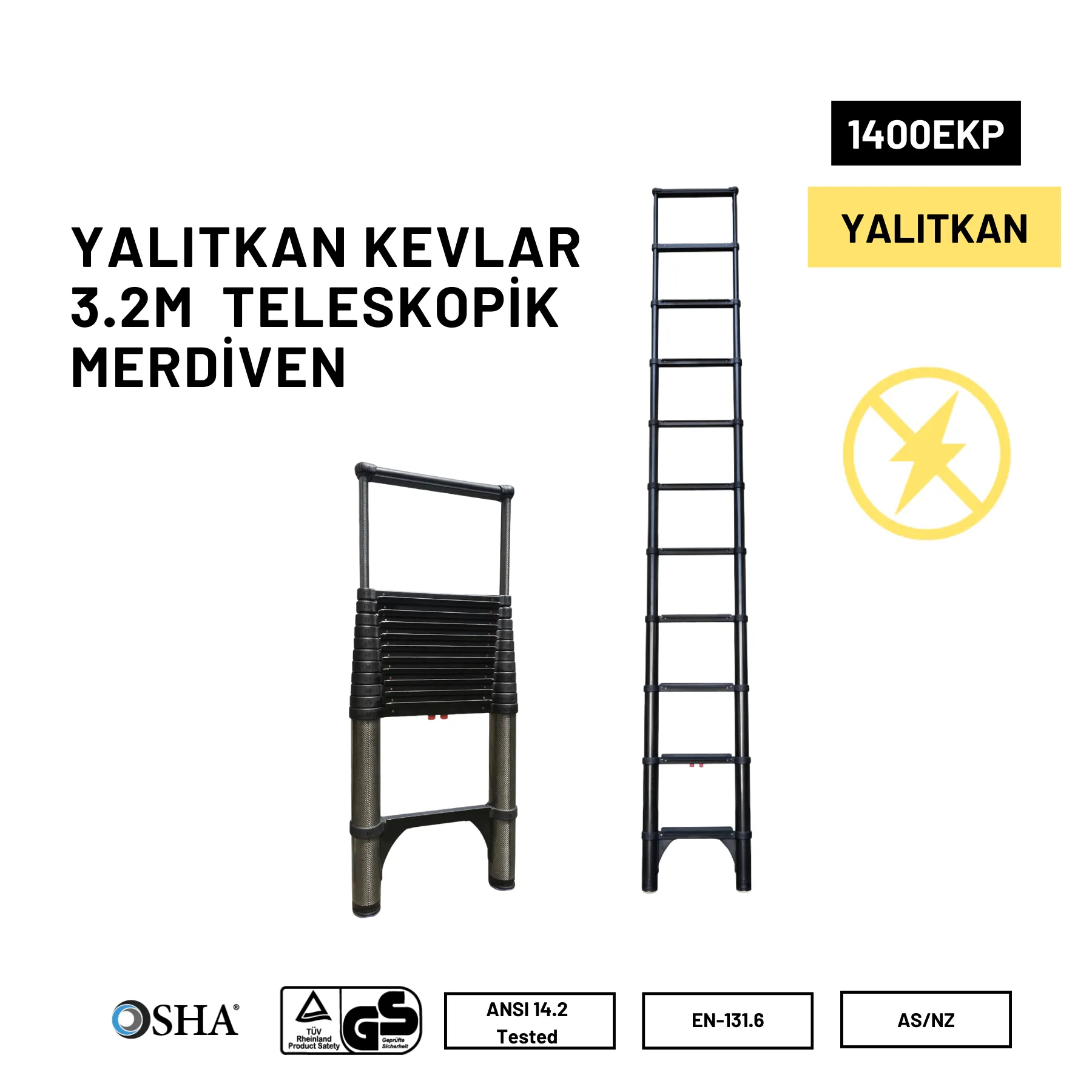 3.2m Kevlar Yalıtkan Uzatma Teleskopik Merdiven AC25KV – 1400EKP 3.2m kevlar yalıtkan