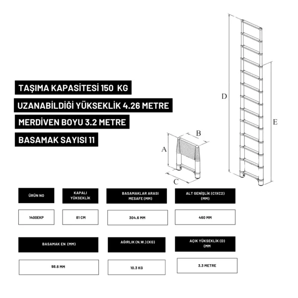 3.2m Kevlar Yalıtkan Uzatma Teleskopik Merdiven AC25KV - 1400EKP - Görsel 3
